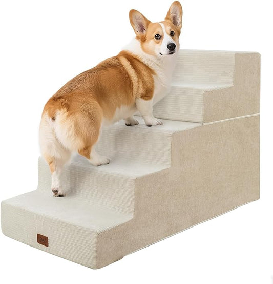 Dog Stairs for High Bed, Dog Steps for Bed Couch Sofa, 35D Foam Extra Wide Pet Steps for Small Dogs and Cats, Pet Stairs with Non-Slip Bottom Beige, 5 Steps-PurrikoPets