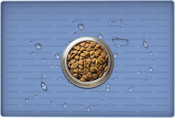24" x 16" Dog Food Mat, Silicone Pet Mats for Food and Water, Nonslip Pet Feeding Mats for Floors, Dog Cat Bowl Mat with Raised Edges, Lake Blue-PurrikoPets
