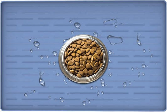 24" x 16" Dog Food Mat, Silicone Pet Mats for Food and Water, Nonslip Pet Feeding Mats for Floors, Dog Cat Bowl Mat with Raised Edges, Lake Blue-PurrikoPets