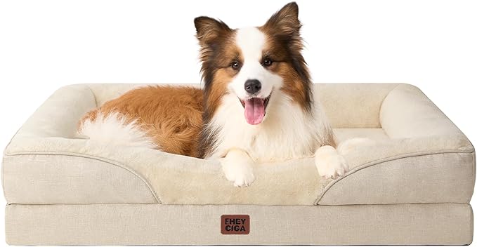 EHEYCIGA Memory Foam Dog Bed for Large Sized, Orthopedic Dog Sofa with Sides and Waterproof Liner, Washable Bolster Pet Couch with Removable Cover, 41x27x7.5 Inch, Beige-PurrikoPets