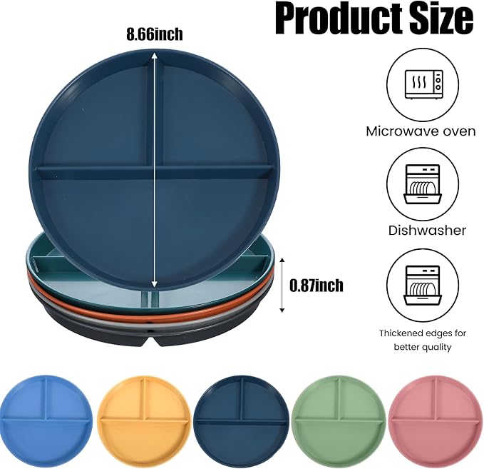 10 Pcs Unbreakable Divided Plates for Kids Adults, 9 Inch Round Portion Control Plate, 3 Compartment Plates with Dividers, Lightweight Reusable Dinnerware Portion Control Plastic, Dishwasher Safe-PurrikoPets