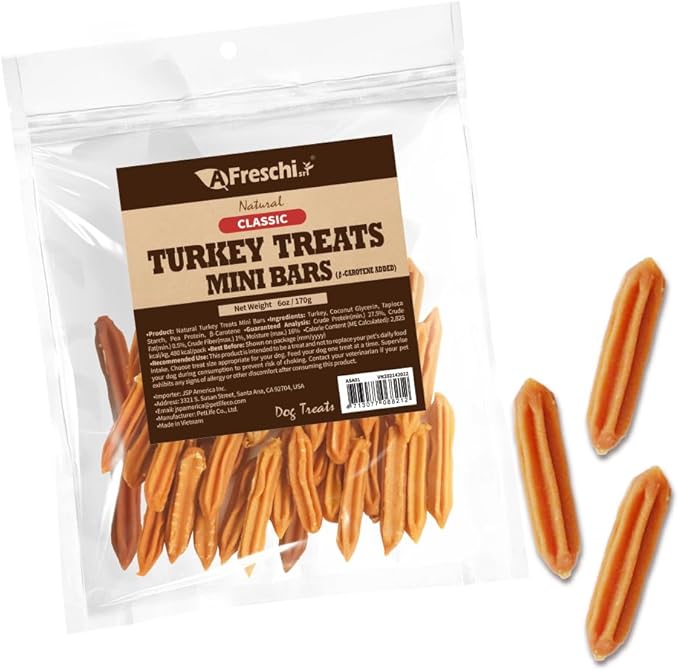 Afreschi Natural Turkey Treats Mini Bars – 6 oz, USA-Sourced Trukey, All-Natural, Hypoallergenic, Low-Fat, Healthy & Easily Digestible, Puppy & Training Snack-PurrikoPets