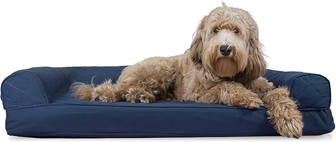 Furhaven Cooling Gel Dog Bed for Large/Medium Dogs w/ Removable Bolsters & Washable Cover, For Dogs Up to 55 lbs - Quilted Sofa - Navy (Blue), Large-PurrikoPets