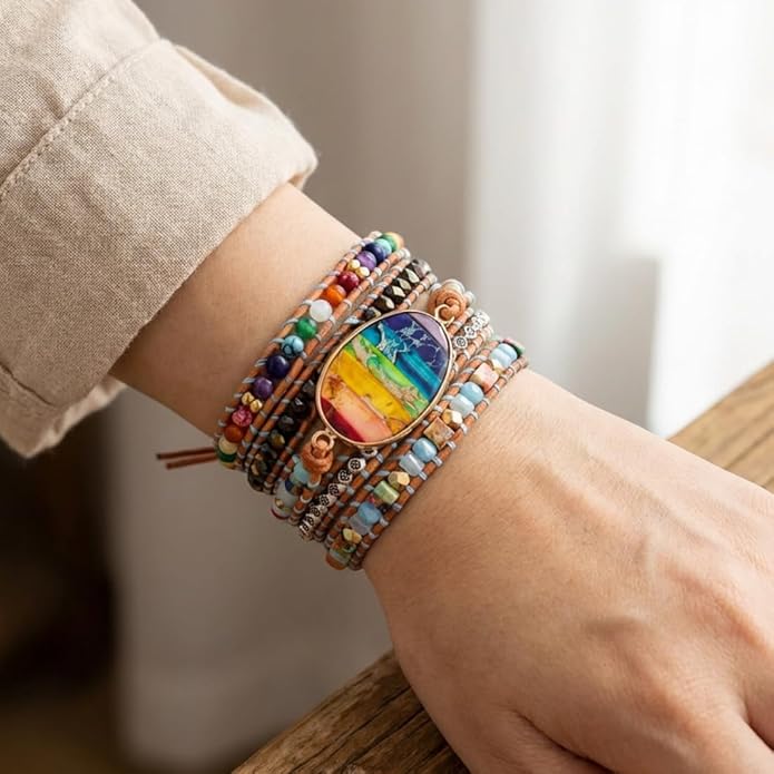 YGLINE Boho Handmade Wrap Leather Tube Crystal Stone Bracelet for Women