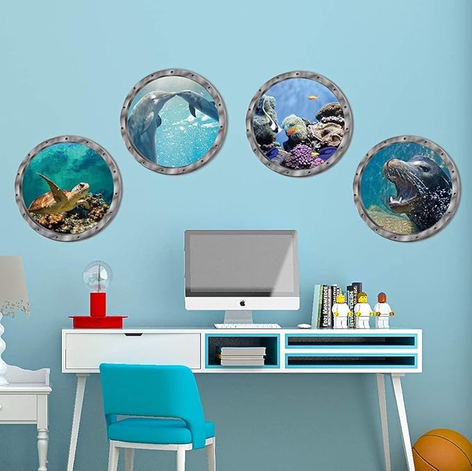 4 PCS Removable 3D Under The Sea Nature Scenery Wall Decals - Animals Wall Sticker Home Wall Art Decor for Bathroom Bedroom Door Kids Baby Nursery Room - Includes Turtles, Dolphins, Sea Lions, Coral-PurrikoPets