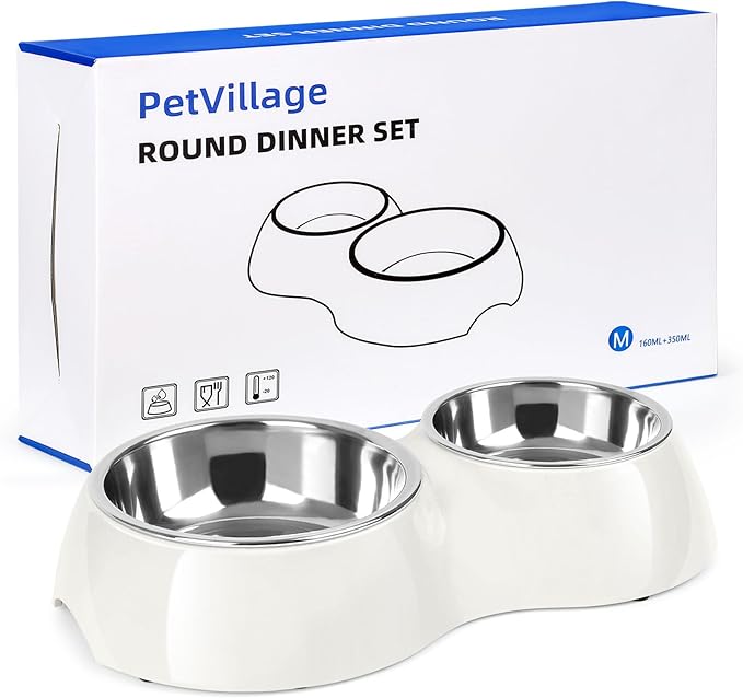 Double Dog Bowls Set – Non-Slip Pet Food & Water Dishes with Resin Stand, Includes Small (1 Cup) & Medium (2 Cups) Bowls – Ideal for Puppies, Cats, and Medium Dogs – White-PurrikoPets