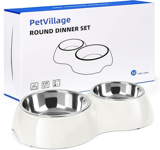 Double Dog Bowls Set – Non-Slip Pet Food & Water Dishes with Resin Stand, Includes Small (1 Cup) & Medium (2 Cups) Bowls – Ideal for Puppies, Cats, and Medium Dogs – White-PurrikoPets