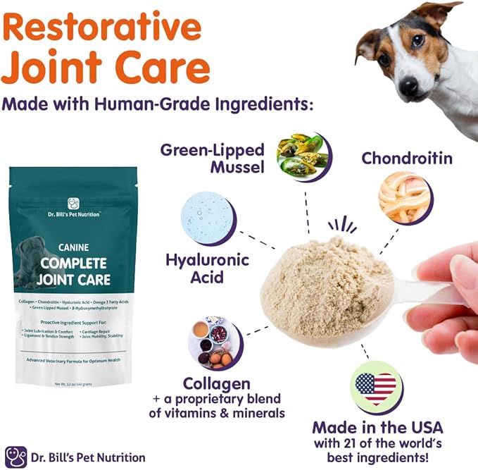Dr. Bill’s Canine Complete Joint Care – Hip & Joint Supplement for Dogs for Mobility, Muscle Support & Inflammation Relief – Green Lipped Mussel, Chondroitin, Collagen, Omega-3 – Powder, 340g-PurrikoPets