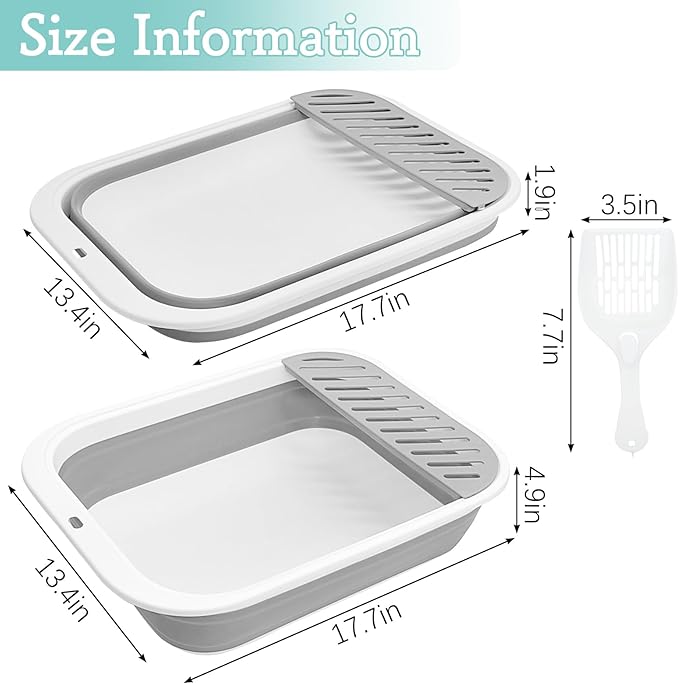Fhiny Cat Litter Box Portable Shallow Litter Box 17.7"x13.4"x4.9" Foldable Cat Toilet with Scoop Open Kitty Potty Pan with Litter Drop Pedal Easy to Clean Travel Kitten Toilet(Gray)-PurrikoPets