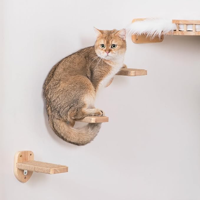 3pcs Cat Wall Steps, Climbing Mounted Furniture, Shelves With Hemp Rope Covered, Solid Wood Ladder for Playing and Climbing (Standard-Wood)-PurrikoPets
