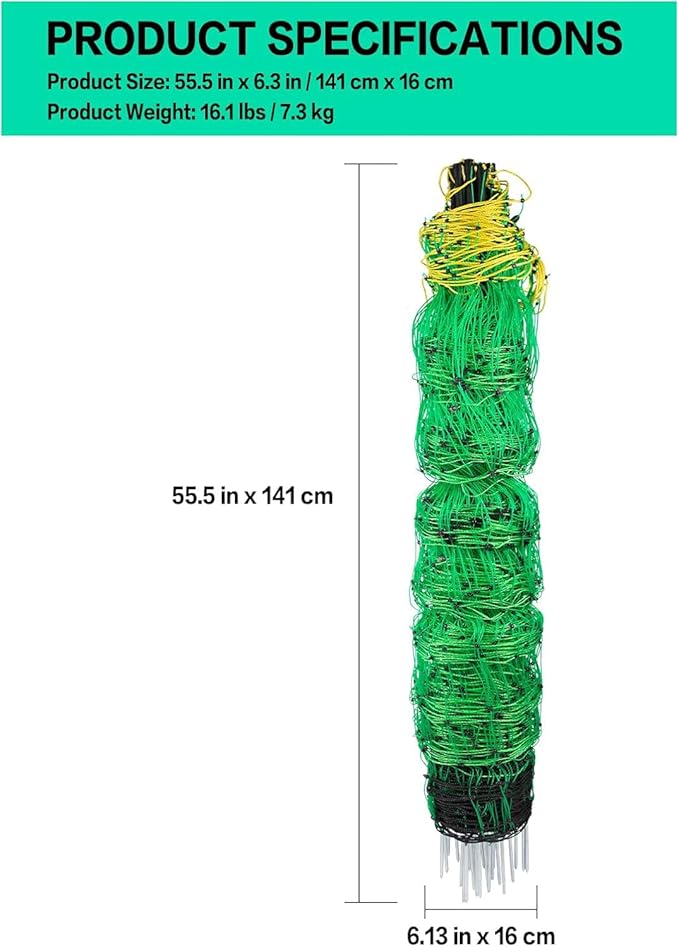 Electric Fence Netting, 49.6" H x 164' L, PE Net Fencing Kit with 14 Posts Double Spiked, Utility Portable Mesh for Sheep Hogs Goats Deer Dogs Lambs Used in Backyards Farms Ranches Patio, Green-PurrikoPets
