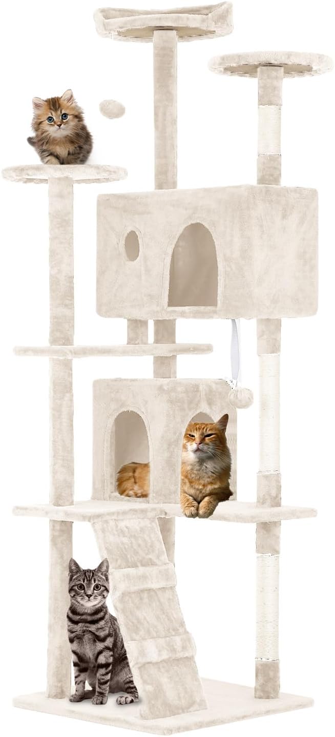 FDW Cat Tree 70in Cat Tower Multi-Level Durable Cat Scratching Post & Cozy Fun Cat Jumping Platform Space Saving Cat Condo Pet Play House for Indoor Cats,Beige-PurrikoPets
