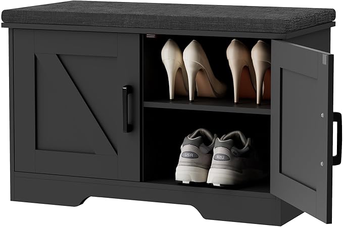 2-Tier Storage Bench, Shoe Bench with Padded Seat Cushion, Entryway Bench with 2 Barn Doors, Adjustable Shelf, 13.8" D x 27.6" W x 17.7" H, for Entryway, Living Room, Bedroom, Black-PurrikoPets