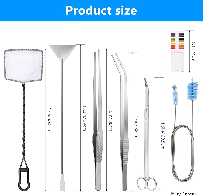 Extra Long Aquarium Aquascaping Tools Kit 8 in 1, Liveek Stainless Steel Aquarium Plant Tools Long Fish Tank Aquascape Tweezers Scissors Scrapers, PH Paper, Fish Net, Aquascape Clean Brush, Bag-PurrikoPets