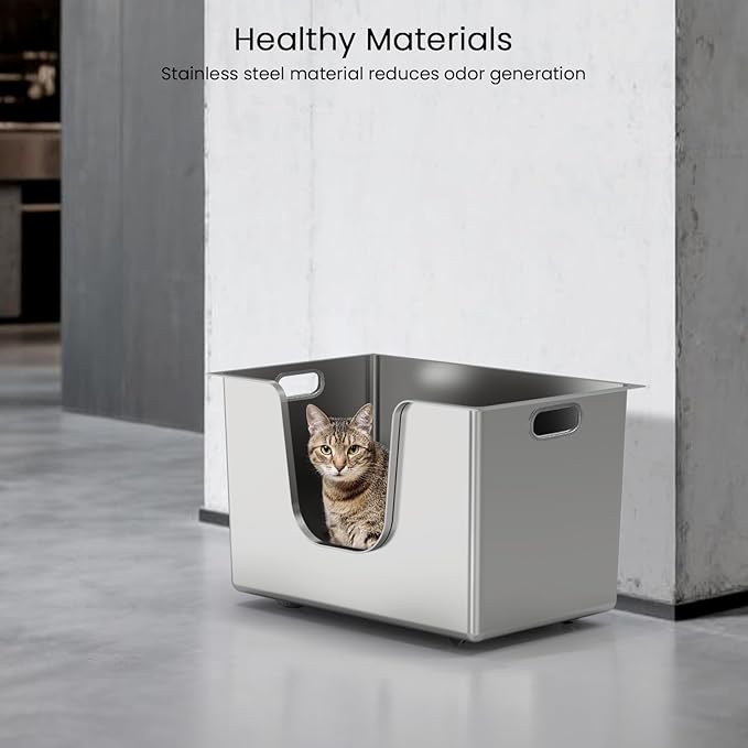 Enclosed Stainless Steel Cat Litter Box 13.8” High Sides, Extra Large Litter Box for Big Cats, XL Metal Kitty Litter Pan Pet Toilet with Wheels for Easy Mobility, Anti-Leakage, Non-Sticky, Easy Clean-PurrikoPets