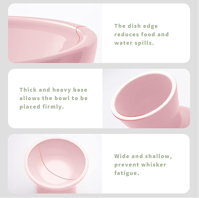 Extra Wide Elevated Ceramic Cat Bowl, 6.2" Shallow Dish for Whisker Fatigue Relief, 5" Height for Easy Feeding, Durable Raised Cat Food Bowls, Pack of 2, Pink-PurrikoPets