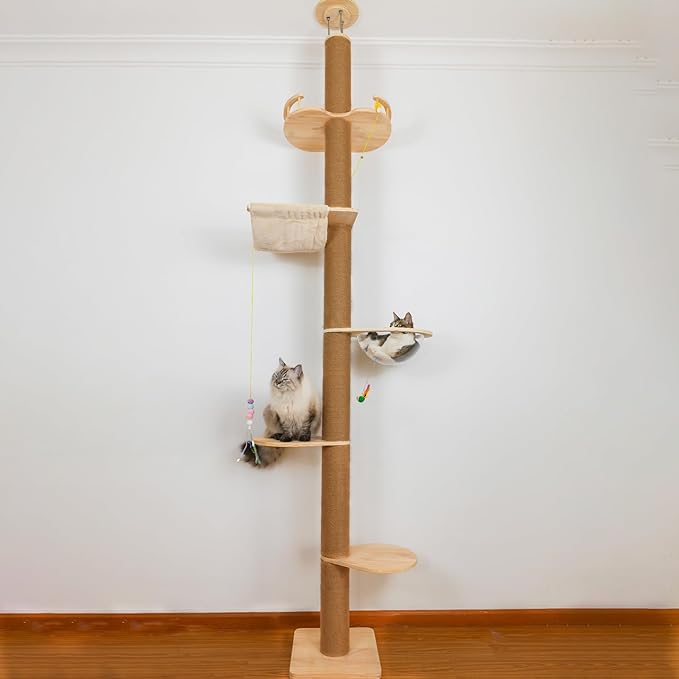 Floor to Ceiling Cat Tree Height (50-120 in) Adjustable Cat Tower 5 Tier Hemp Scratching Post High Cat Tree Sturdy Activity Tree Indoor Outdoor Cat Scratching Post Activity Center-PurrikoPets