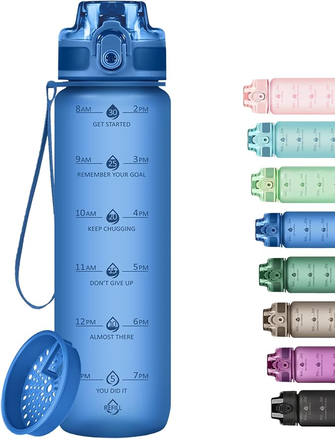 32oz Motivational Water Bottles with Time Marker & Fruit Strainer, Transparent Gradient Color Water Bottle with Times to Drink, Leakproof & BPA Free, Reusable Bottle with Strap (No Straw)-PurrikoPets