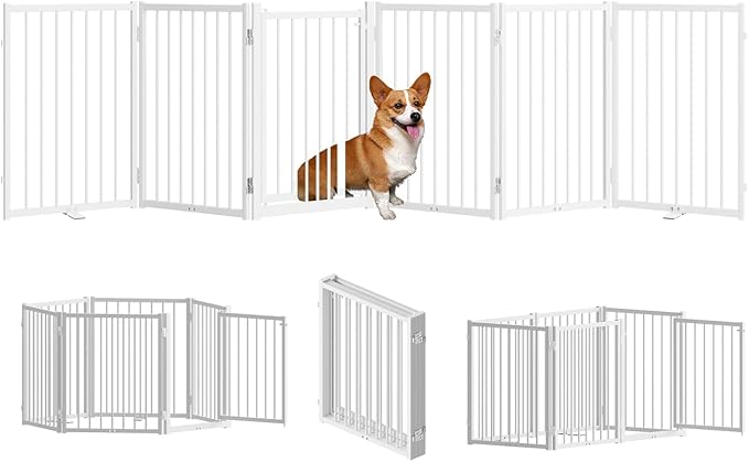 Full Metal Freestanding Dog Gate with Door, 24'' Height Foldable Pet Dog Fence for Indoor & Outdoor, 6 Panels Extra Wide Free Standing SmallDog Gates for Doorways,House,Stairs,Porch,Deck,Yard-PurrikoPets