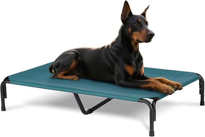 Elevated Dog Bed for Outdoor, XXXL Raised Dogs Cot with Washable Mesh, Cooling Pet Beds Chew Proof Dog Hammock, Metal Frame Lifted Platform for Training Outside Camping, 59 inch Green-PurrikoPets