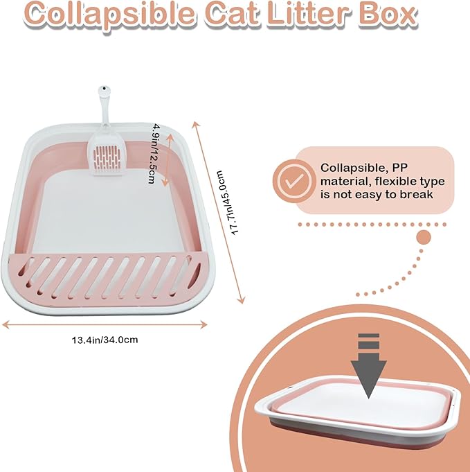 Foldable Cat Litter Box Open Potty Pan Portable Collapsible Cats Litter Boxs Travel Kitten Pan with Scoop Waterproof Low Entrance for Kitten and Easy Clean 17.7"×13.4"x4.9"(Pink)-PurrikoPets