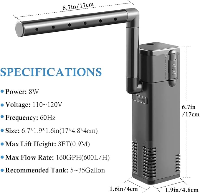 FEDOUR Submersible Aquarium Internal Filter, Filter with Water Pump for Fish Tank up to 35 Gallon (8W for 5-35 gallon-new)-PurrikoPets