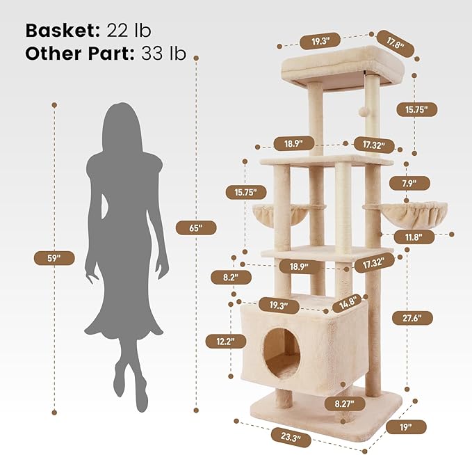 Gardner Pet 65in Heavy Duty Cat Tree Tower for Large Cats, Multi-Level Cat Furniture with Replaceable Sisal Scratching Post, Hammock | Extra-Large Platform & Condo (Beige)-PurrikoPets