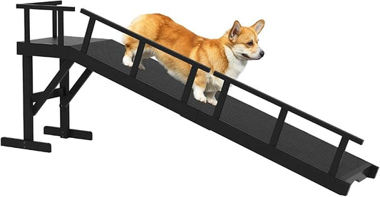 73" Dog Ramp for Bed, Pet Ramp with Removable Side Rail and Non-Slip Surface, Pet Ramp for Small & Large & Senior Dogs with Rest Platform and DIY Glow Strips,Dog Stairs for Couch, Black-PurrikoPets