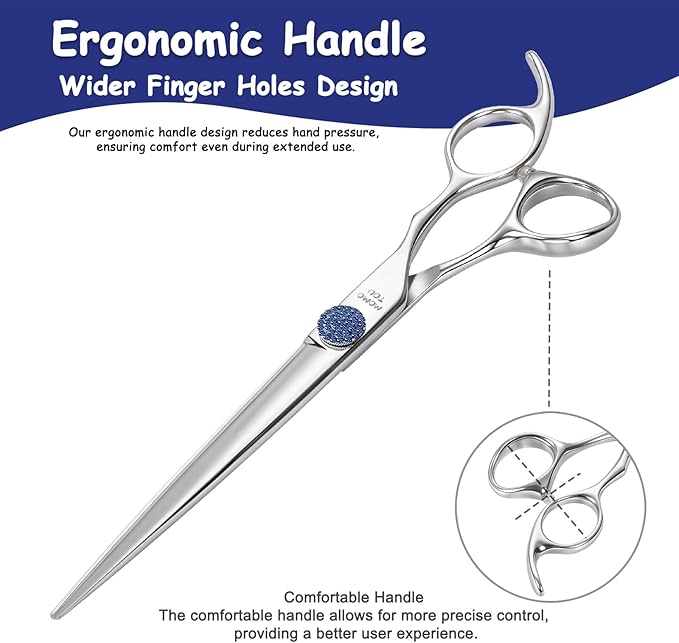 7'' Dog Grooming Scissors CNC 440C Blades Sharp and Durable Polished Straight Dog Shears with Blue Diamond Adustable Screws Easy to Use for Groomer and Home User-PurrikoPets