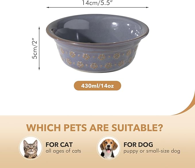 5.5inch Ceramic Set of 2 Dog and Cat Bowls, 2pcs Basic Food and Water Dishes for Puppy, Kitty, Wide Opening Rounded Edge (2 Bowls, Reactived Glaze -Grey)-PurrikoPets