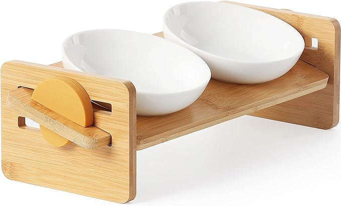 FUKUMARU Elevated Cat Ceramic Bowls, Small Dog 15° Tilted Raised Food Feeding Dishes, Solid Bamboo Water Stand Feeder Set for Cats and Puppy-PurrikoPets