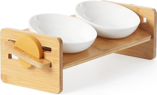 FUKUMARU Elevated Cat Ceramic Bowls, Small Dog 15° Tilted Raised Food Feeding Dishes, Solid Bamboo Water Stand Feeder Set for Cats and Puppy-PurrikoPets