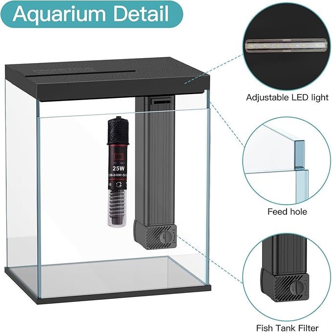 Glass Betta Aquarium Starter Kits, 2 Gallon Fish Tank with Heater Filter and Light.-PurrikoPets