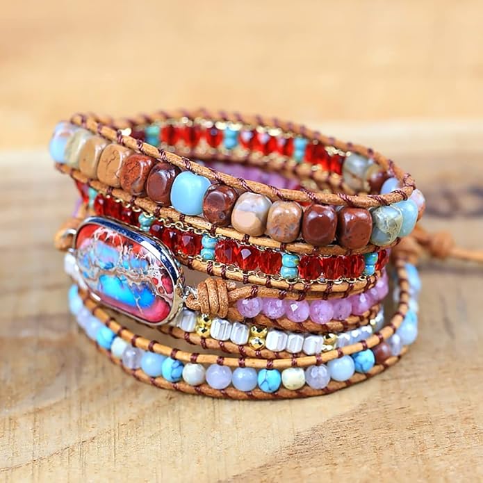 ZOSOJONA Women Wrap Bracelet Boho Natural Jasper Crystal Stone Beads Strand Bracelets