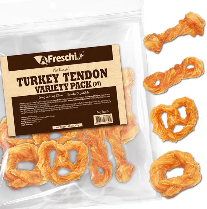 Afreschi Turkey Tendon Variety Pack (M) 10 oz, USA-Sourced Turkey Tendon, All Natural Puppy Chew, Hypoallergenic, Rawhide Alternative-PurrikoPets