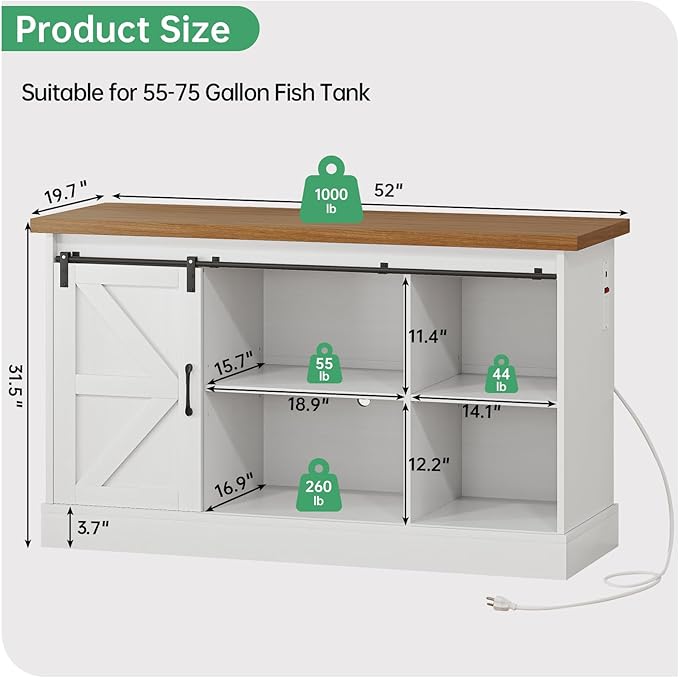 Fish Tank Stand Up to 75 Gallon, Aquarium Stand with Sliding Barn Doors & Power Outlet, White Farmhouse Style Stand with Cabinet Storage for Fish Tank, Turtle Tank, Reptile Terrarium,1000LBS Capacity-PurrikoPets
