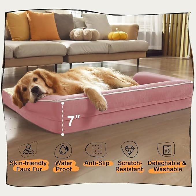 Extra Large Dog Bed-Orthopedic Waterproof XL Dog Bed for XLarge Extra Big Dogs - Foam Couch Sofa Washable with Removable Cover-Pink-PurrikoPets
