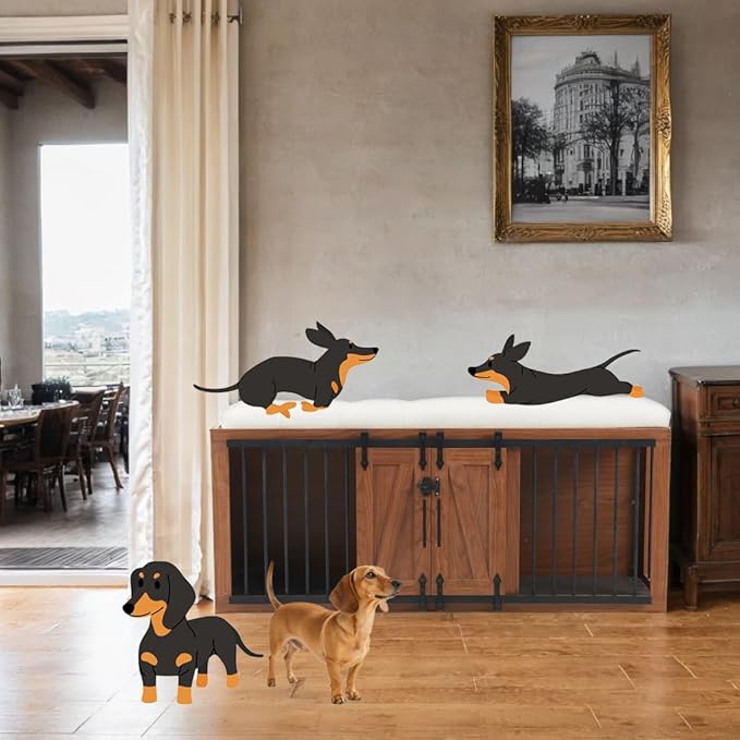 56" L Dog Crate Furniture with Padded Seat, End of Bed Bench Ottoman with Cushion, Wooden Dog Kennel with Pet Stairs & Sliding Barn Door for Bedroom, Living Room, Walnut-PurrikoPets