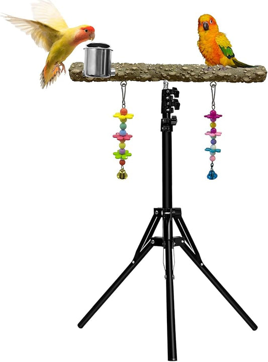 16-63 Inch Height Adjustable Bird Perch Pepper Wood Parrot Training Perch Stand with Feeding Cups and Swing Toy Parakeet Perches Indoor and Outdoor Parrot Stands for Small to Medium Bird-PurrikoPets