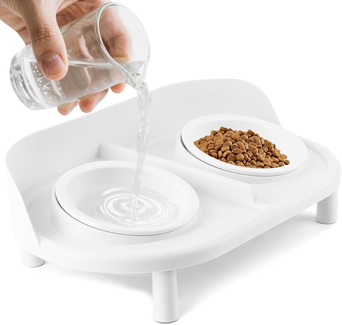 Elevated Cat Bowls, Tilted Rised Cat Food and Water Bowl with 2 Pcs Ceramic Pet Bowls, Rised Stand, Pet Dish Anti Vomiting Feeding Station for All Sized Cats & Small Dogs (White)-PurrikoPets