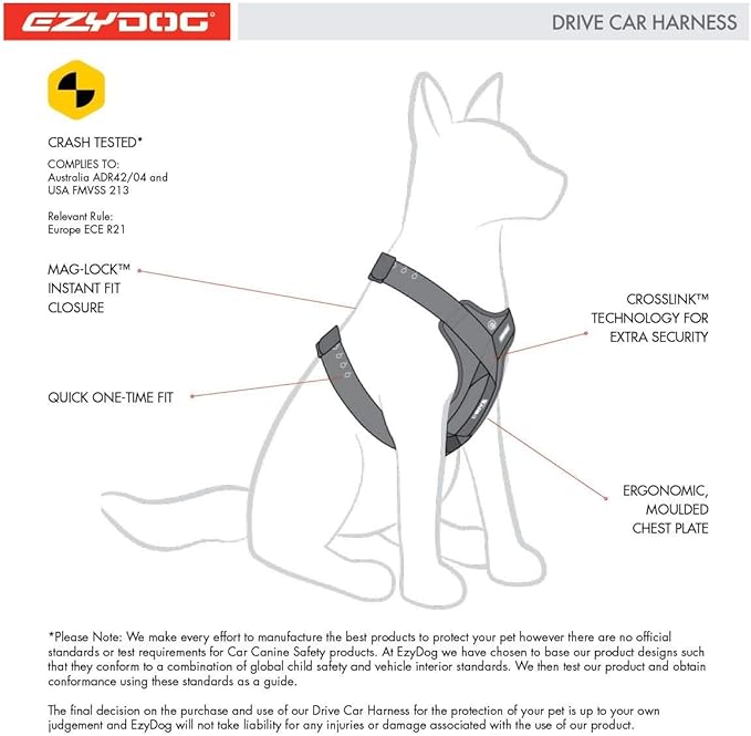 EzyDog Drive Dog Car Harness – Crash Tested and Certified (US-FMVSS 213) Dog Seat Belt Harness for Safe Travel, Adjustable with Padded Comfort (Large)-PurrikoPets