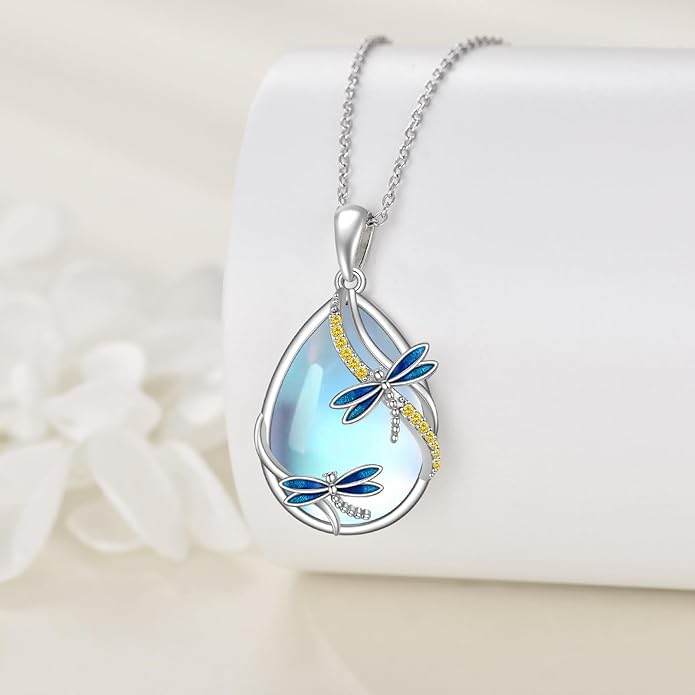 KQF Dragonfly/Butterlfy/Cat/Jellyfish/Bunny/Axolotl/Bee/Mermaid/Hummingbird/Elephant Necklace for Women Sterling Silver Moonstone Pendant Necklace Dragonfly Jewelry Gifts for Women