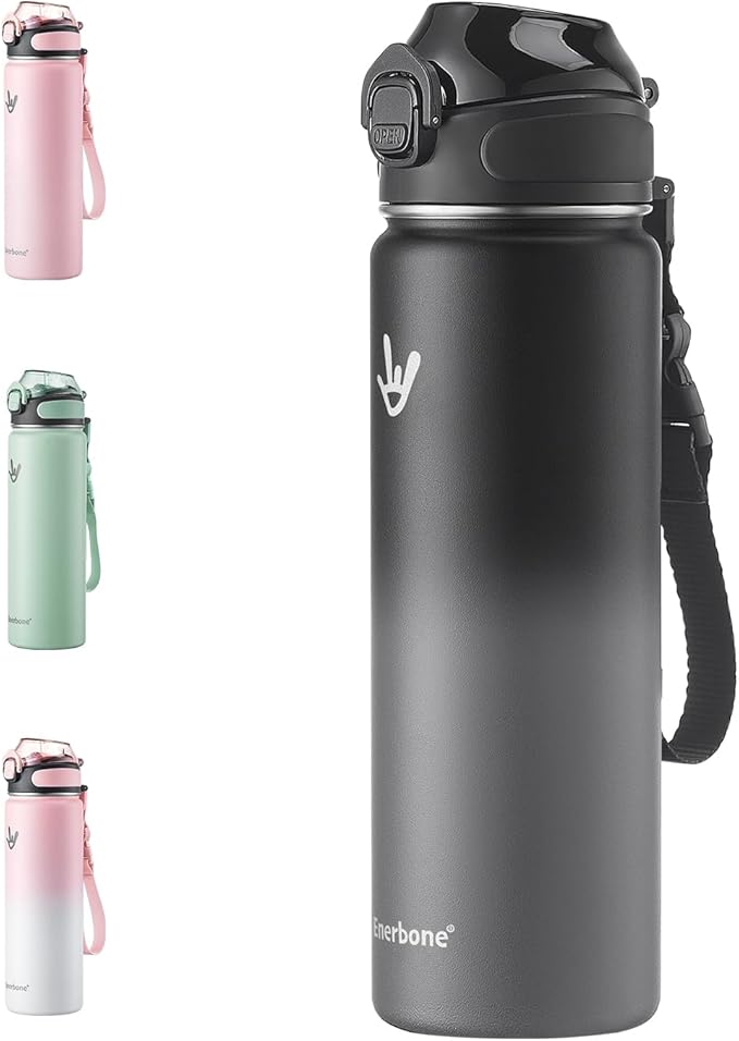 Enerbone 24 oz Insulated Water Bottle, Stainless Steel Bottle with Carrying Strap, Double-Wall Vacuum Insulation Design, Leakproof Sports Bottle with Straw, Keep Drinks Cold or Hot for Hours-PurrikoPets