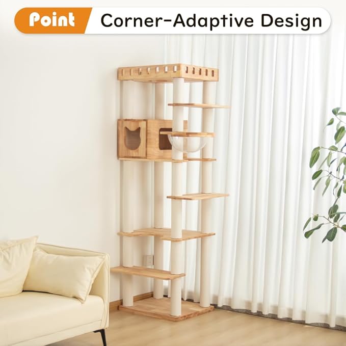 74.8" Wooden Cat Tree Tower for Large Cats, Multi-Level Cat Climbing Furniture with Scratching Posts, Cat Condo & Hammock, Natural Wood Cat Activity Center (White)-PurrikoPets