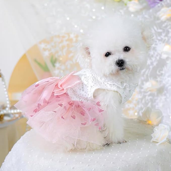 Dog Princess Dress with Heart Patterns & Bow Puppy Clothes for Small Dogs Girl Fancy Cat Birthday Outfit Pet Wedding Dresses(Pink White, Large)-PurrikoPets