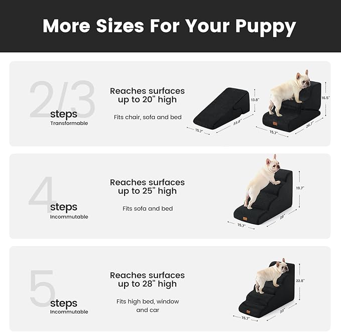 Gardner Pet Dog Stairs for Small Dogs 22.8" H, 5-Step Black Curved Pet Stairs, Dog Steps for High Bed, Couch (24-30 in) with Durable Non-Slip Waterproof Fabric Cover and CertiPUR-US Certified Foam-PurrikoPets