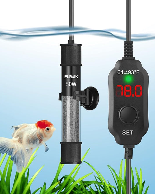 50W Adjustable Aquarium Heater Super Short Submersible Fish Tank Heater Fish Heater with LED Digital Display Thermostat, for Tanks 5-10 Gallons-PurrikoPets