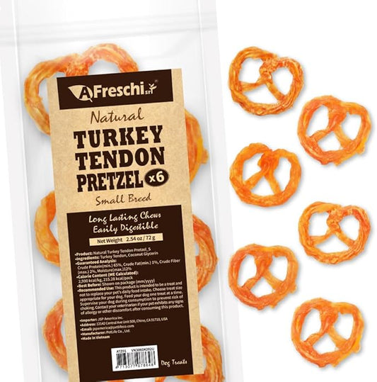 Afreschi Turkey Tendon Pretzel (S) 6 Pieces per Pack, USA-Sourced Turkey Tendon, All Natural Human Grade Puppy Chew, Hypoallergenic, Rawhide Alternative, Dog Treats for Small Breeds-PurrikoPets