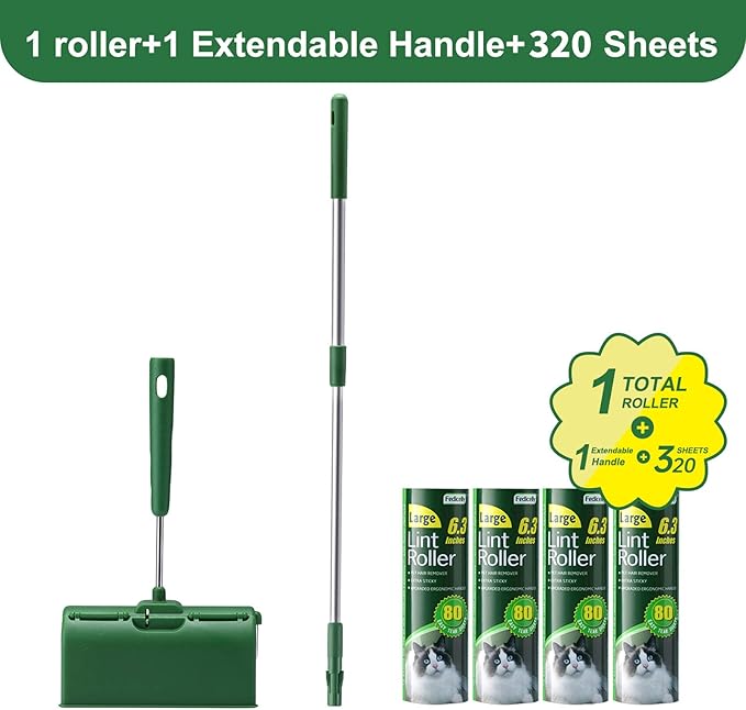 Fedicelly Large Lint Rollers Pet Hair Extra Sticky Floor, Cat Dog Hair Remover Laundry Clothes Carpet Furniture,6.3 inches Wider with 320 Sheets Giant Lint Remover Brush for Couch with Long Handle-PurrikoPets