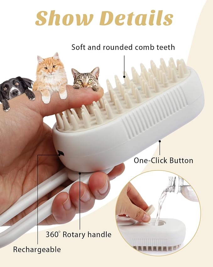 6 in 1 Cat Steam Brush for Shedding, Portable Anti-Static Grooming Comb for Cats & Dogs, Steam Misting Water Brush, Self-Cleaning Pet Hair Remover, Indoor Cat Spray Brushes for Cats & Dogs-PurrikoPets